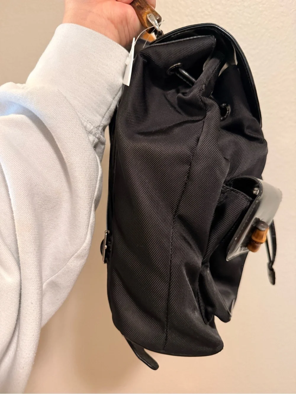 Gucci Black Nylon Backpack with Bamboo Handle and Pocket Accents